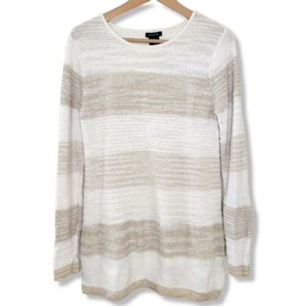 CALVIN KLEIN Sweater size Medium Brown beige Stripes Sheer Back insert